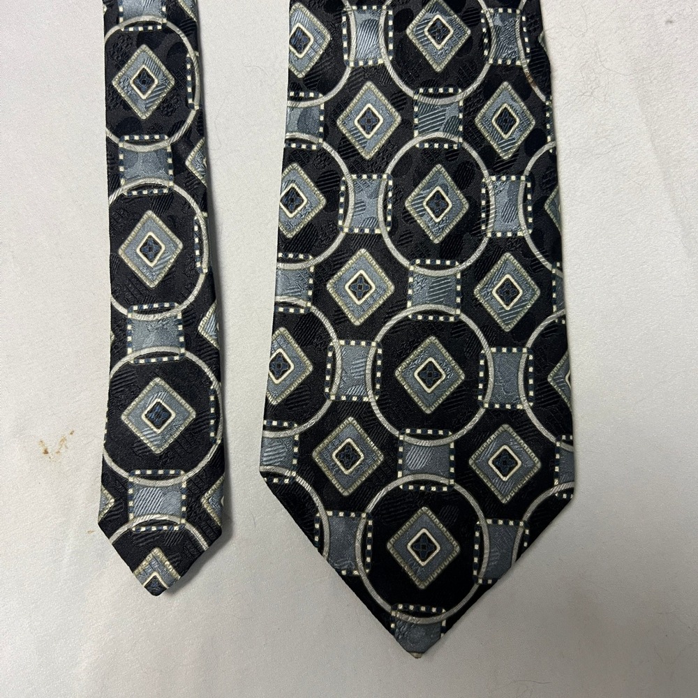Bellagio Collezioni Black Geometric Diamond Silk Necktie Italian Hand Crafted